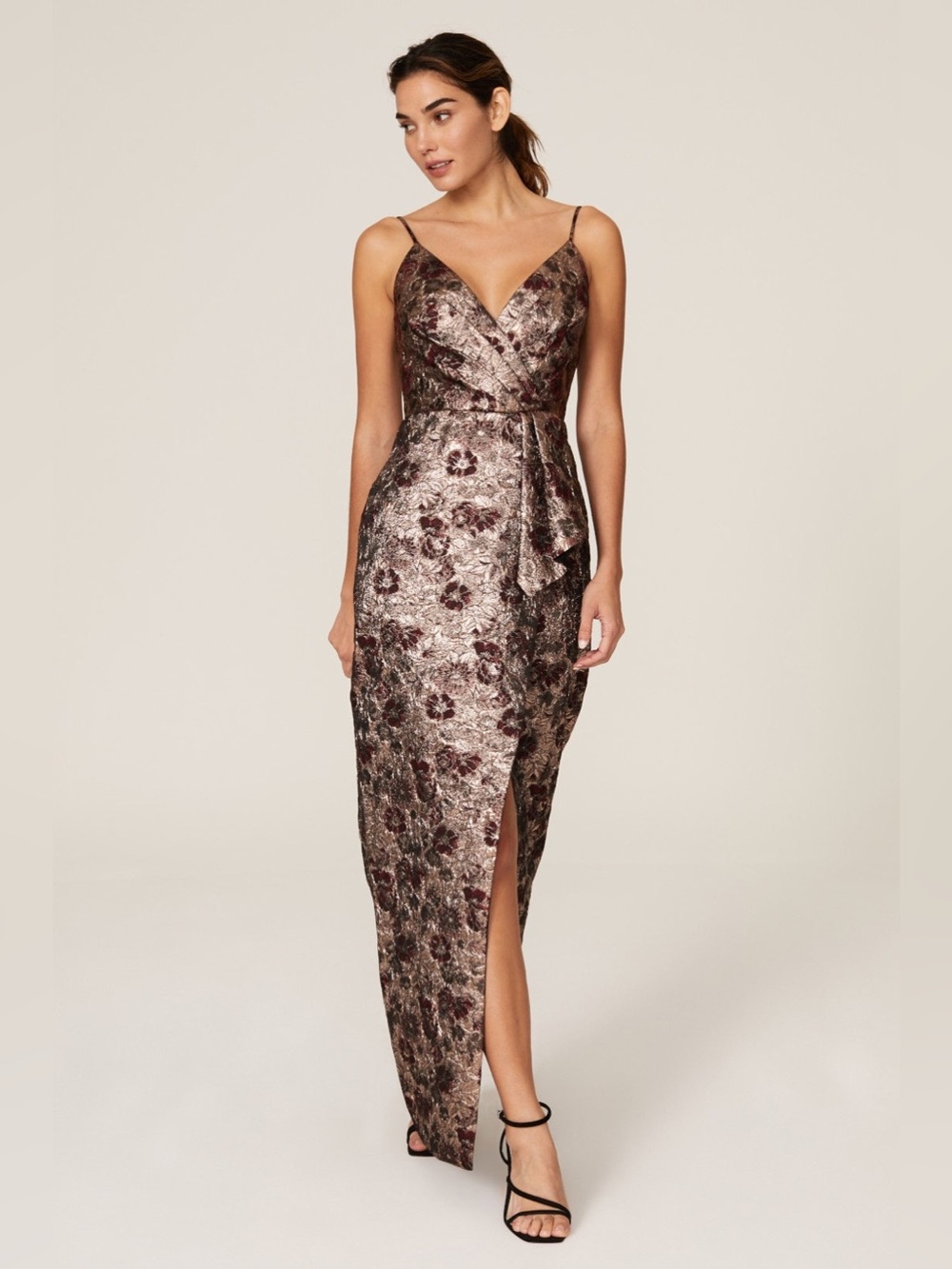 ML Monique Lhuillier Floral Metallic Jacquard Gown